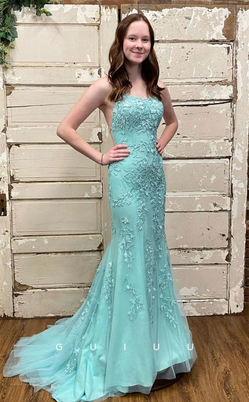 G4646 - Chic & Moder Mermaid Strapless Criss-Cross Straps Fully Appliques Prom Dress with Train