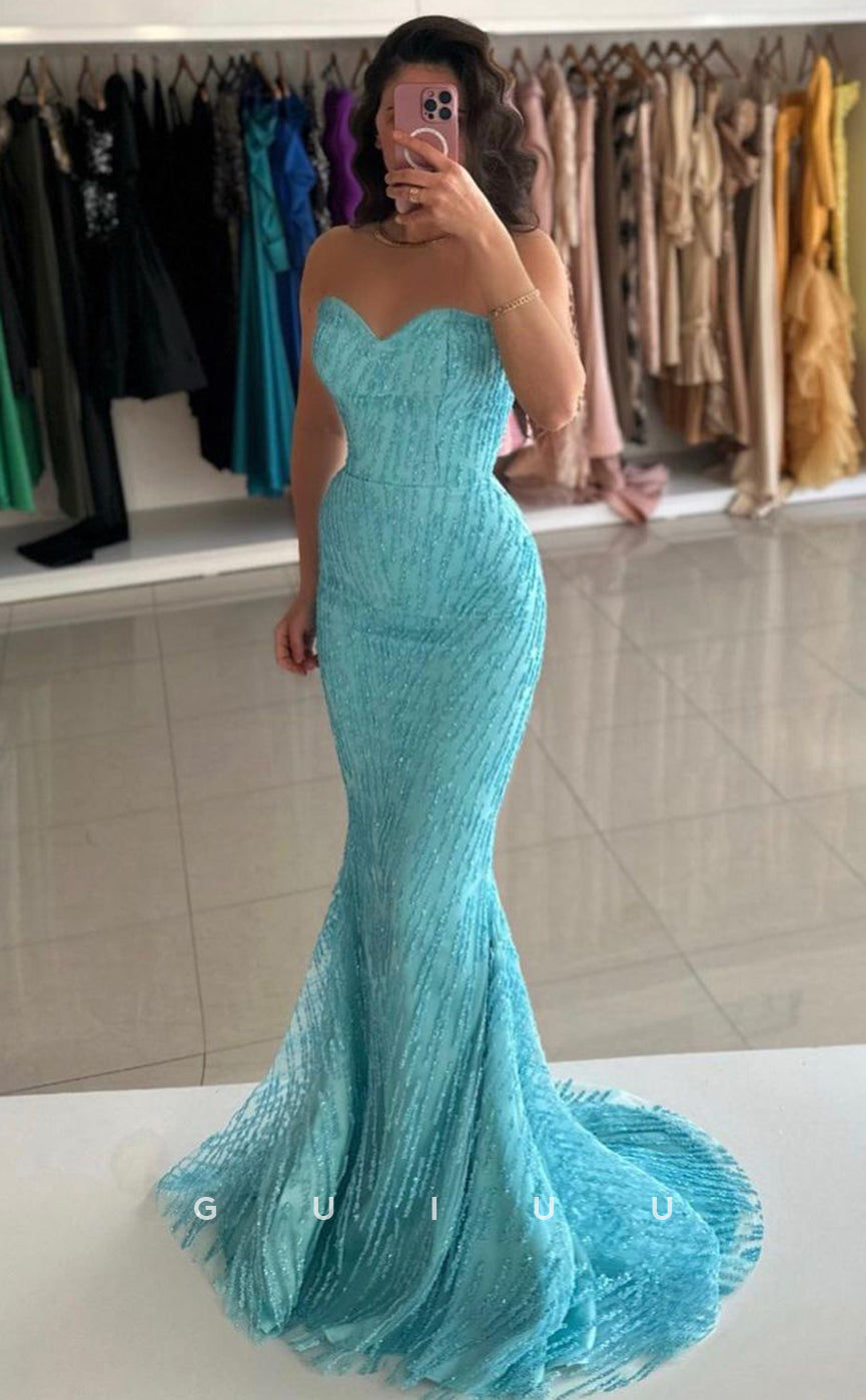 G4291 - Mermaid Strapless Sleeveless Fully Sequined Beaded Long Prom Party Dress