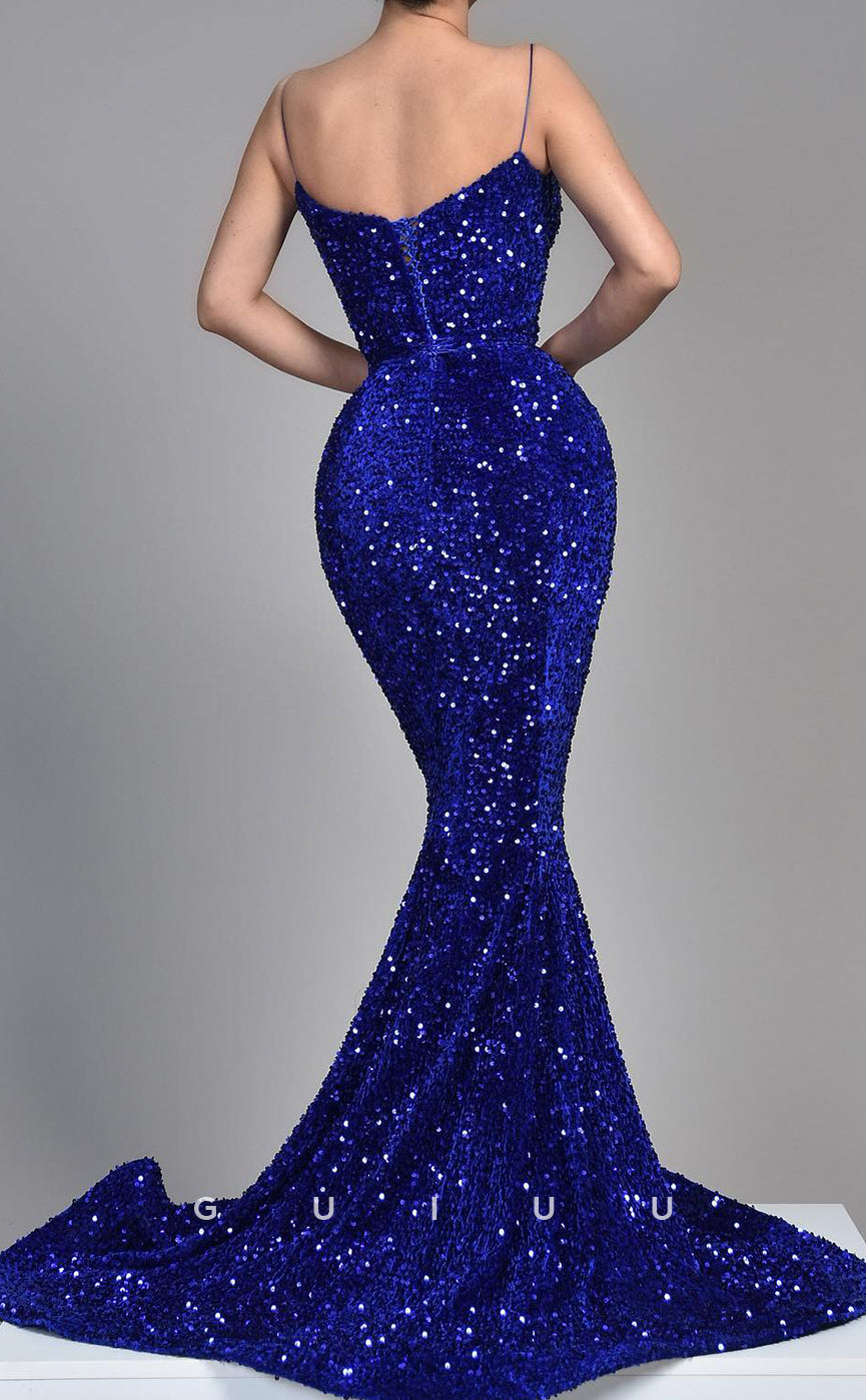 G3614 - Mermaid Strapless Straps Sleeveless Lace-Up Fully Sequined Long Prom Dress with Court Train