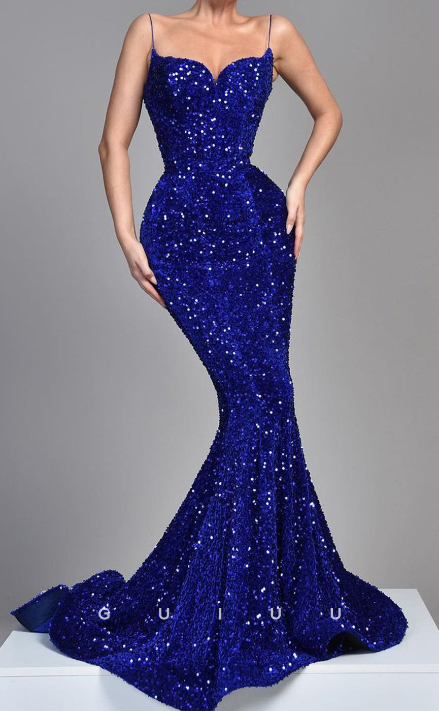 G3614 - Mermaid Strapless Straps Sleeveless Lace-Up Fully Sequined Long Prom Dress with Court Train