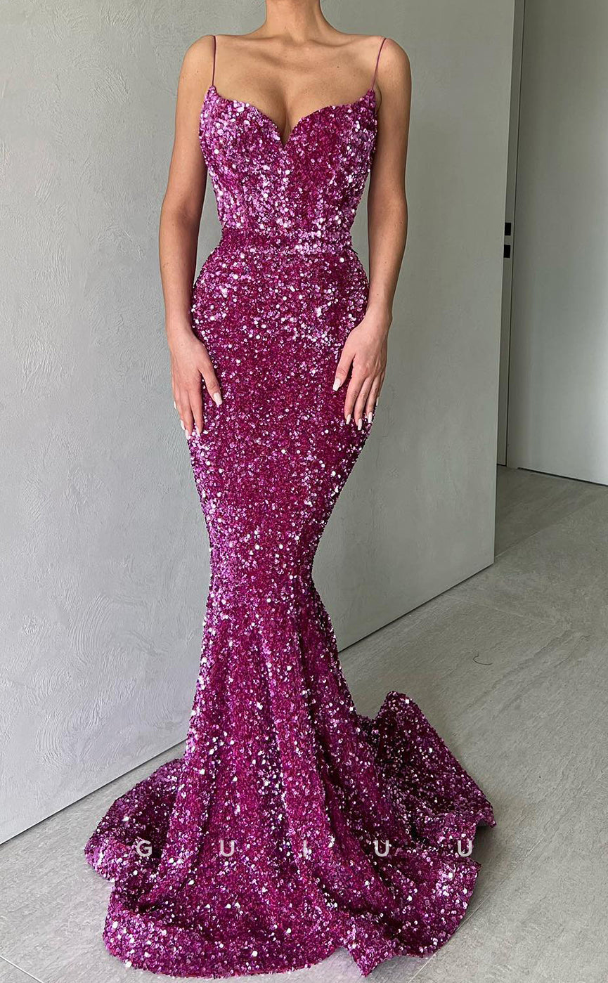 G3013 - Mermaid Strapless Straps sleeveless Fully Sequined Lace-Up Long Prom Gown