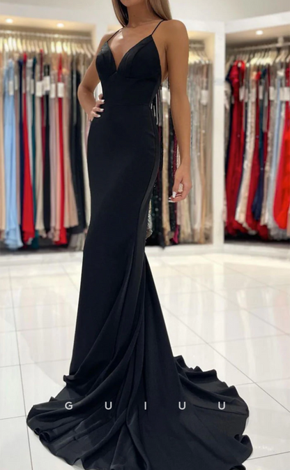 G4647 -  Mermaid Strapless Strpas Sleeveless Black Prom Evening Dress with Train