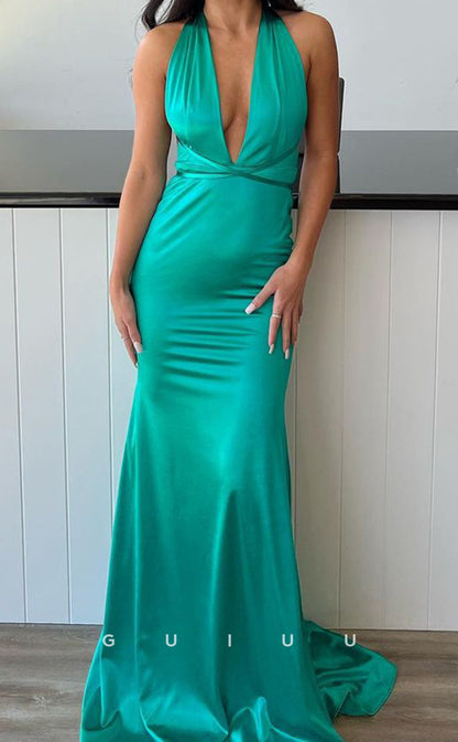 G3728 - Mermaid V Neck Halter Backless Long Prom Dress with Court Train