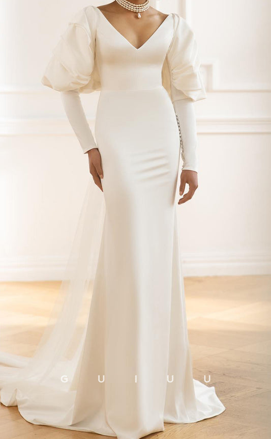 GW975 - Mermaid V Neck Long Sleeves Stain Wedding Dress with Train