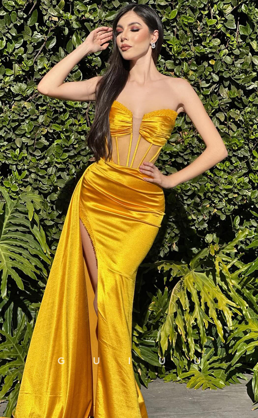 G4258 -  Mermaid V Neck Sleevelss Pleated Beaded Yellow Stain Long Prom Dress with High Side Slit and Train