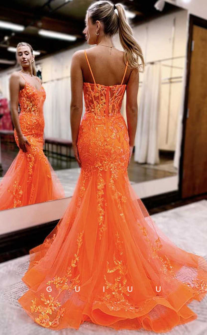 G4651 -  Mermaid V Neck Straops Sleeveless Fully Appliques Tulle Prom Party Dress with Train