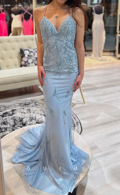 G3754 -  Mermaid V Neck Straps Sleeveless Appliques Tulle Long Prom Dress with Train