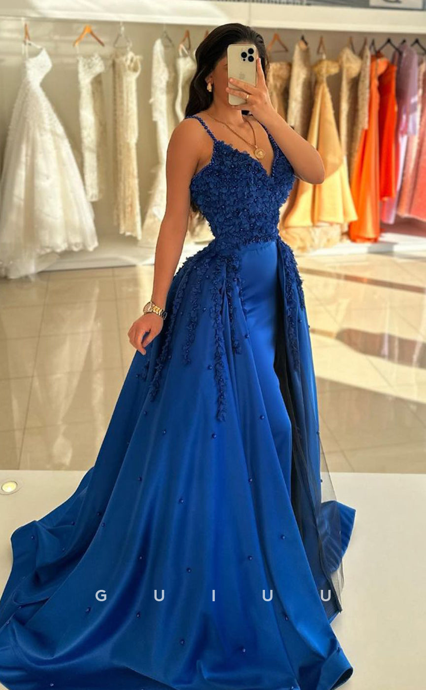 G3939 - Mermaid V Neck Straps Sleeveless Beaded Sequined Long Prom Dress with Detached Overlay