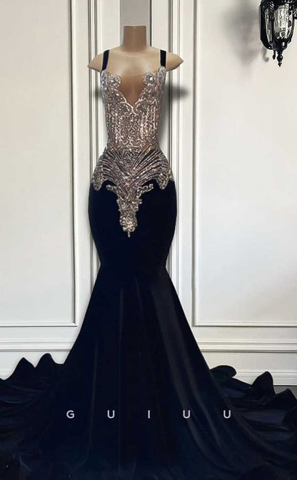 G4597 -  Mermaid V Neck Straps Sleeveless Crystal Velvet Formal Prom Dress with Train