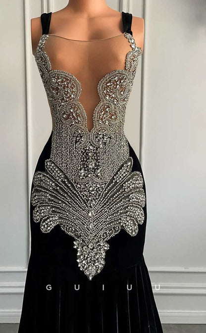 G4597 -  Mermaid V Neck Straps Sleeveless Crystal Velvet Formal Prom Dress with Train