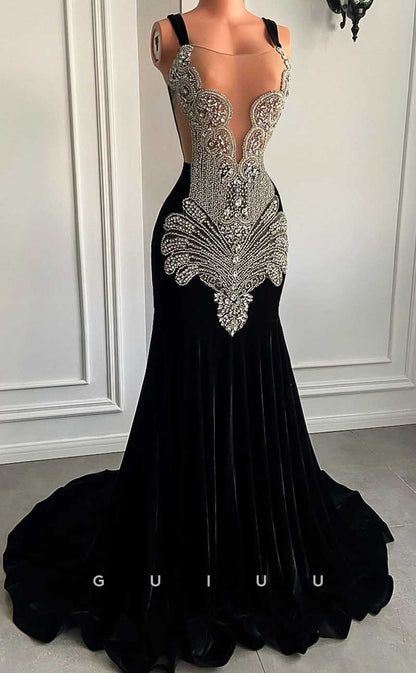 G4597 -  Mermaid V Neck Straps Sleeveless Crystal Velvet Formal Prom Dress with Train