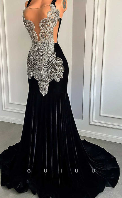 G4597 -  Mermaid V Neck Straps Sleeveless Crystal Velvet Formal Prom Dress with Train