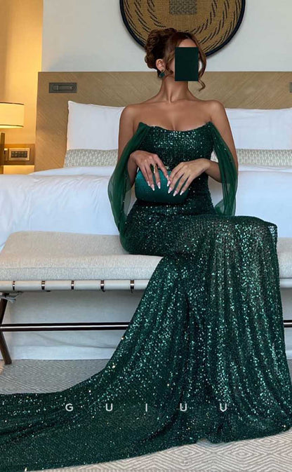 G4525 - Modern Mermaid Off-Shoulder Green Sleeeveless Sequined Prom Dress with Slit and Train