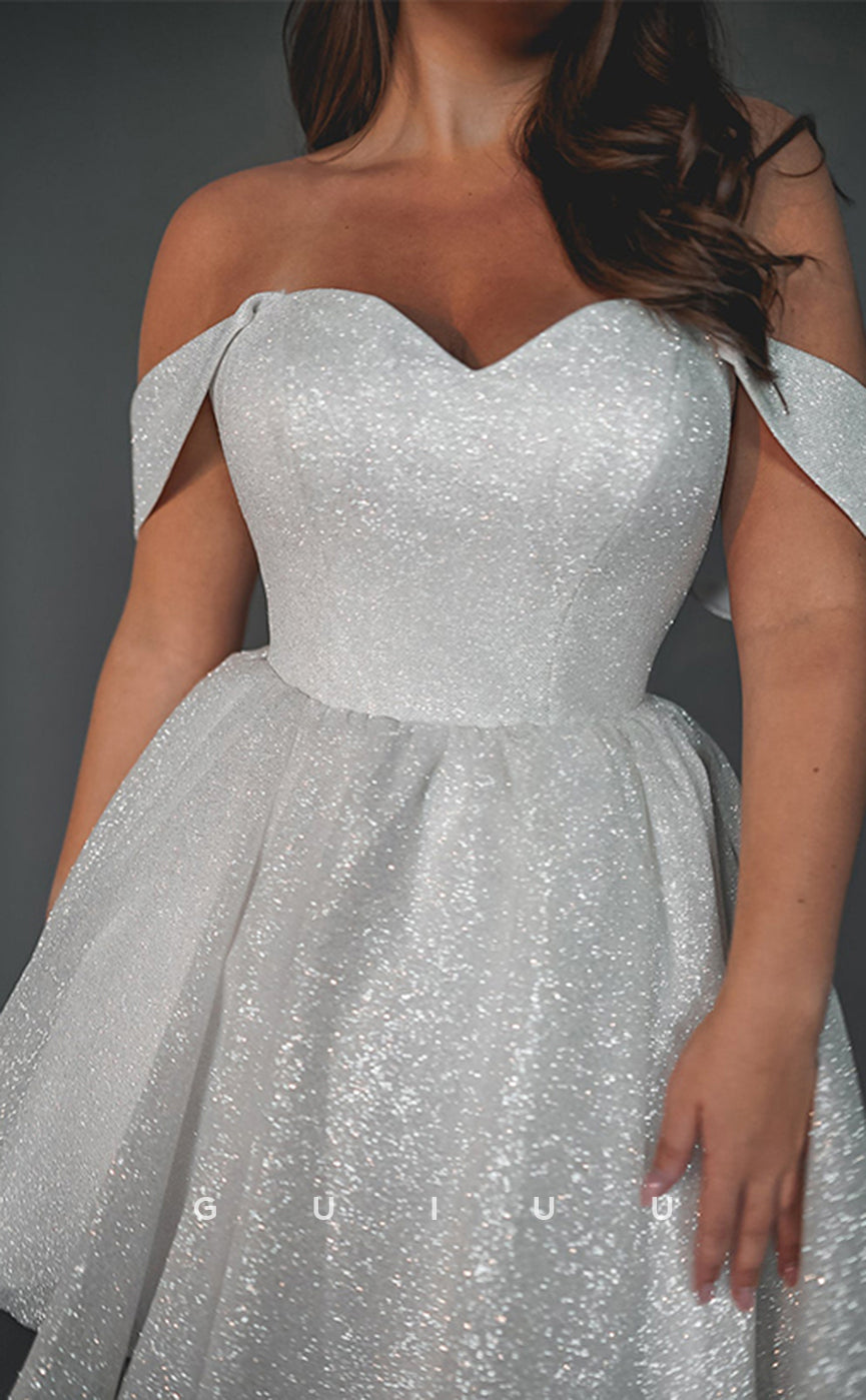 GW1061 - Modern & Chic A-Line Off Shoulder Lace Up Fully Sparkly Mini Wedding Dress