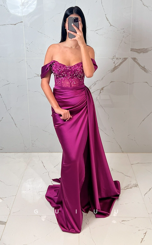 G4513 - Modern & Chic Mermaid Off-Shoulder Illsion Stain Ruched Beaded  Long Prom Dress