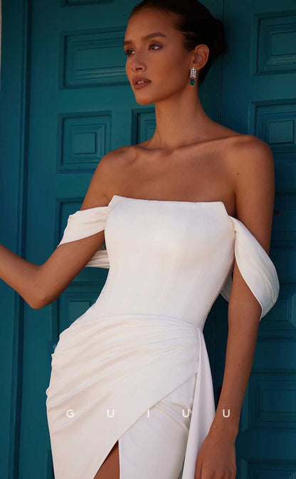 GW841 - Off-Shoulder Stain Ruched Backless Mermaid Beach Wedding Dress with High Side Slit and Train