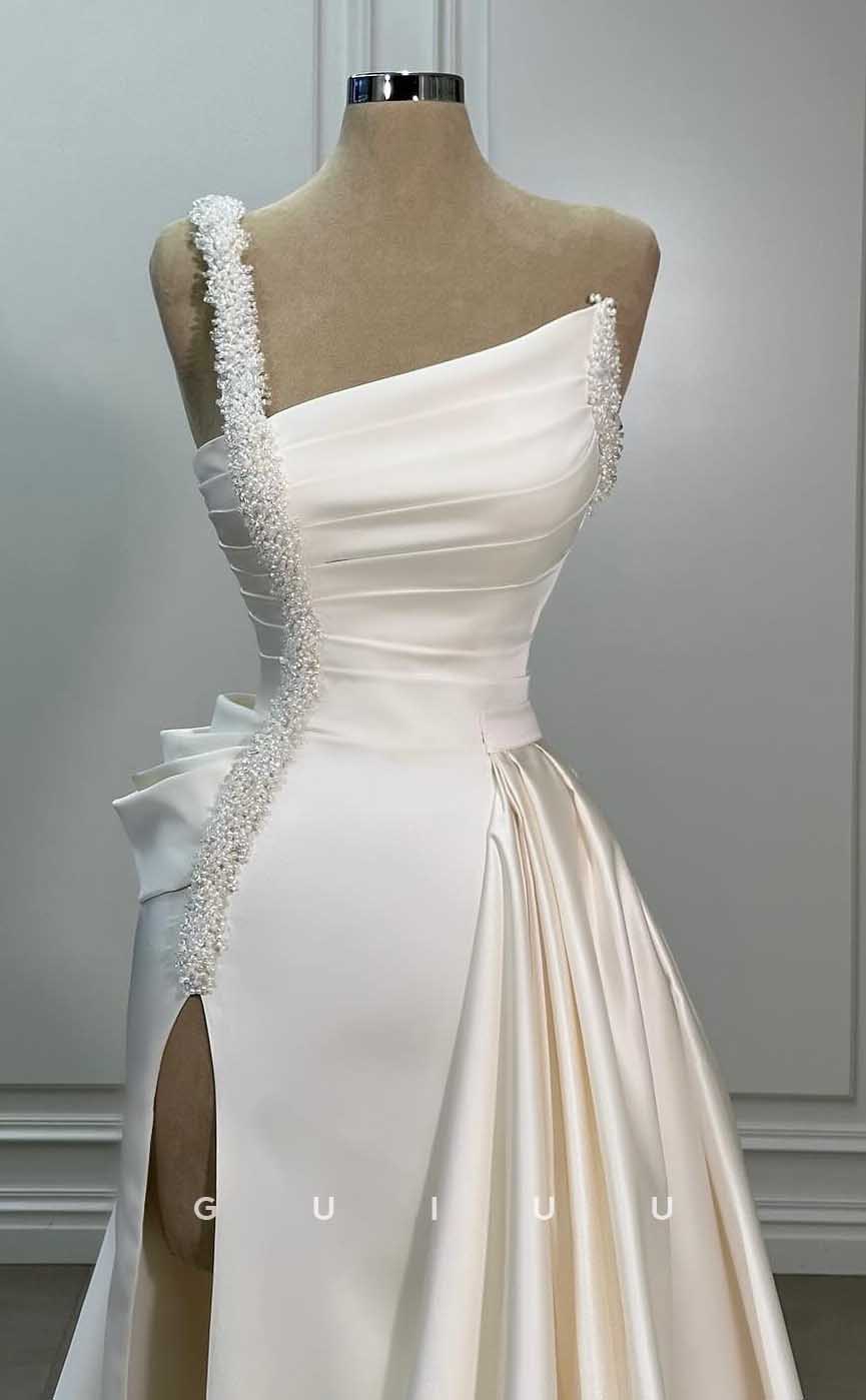 GW849 - One Shoulder Pleats Pearls Stain Wedding Dresss with High Side Slit