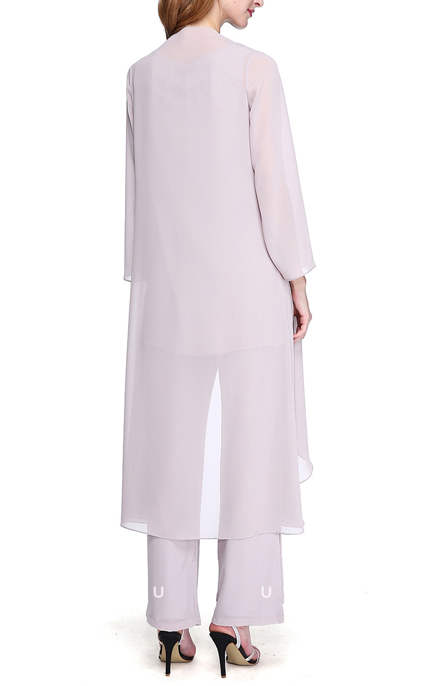 GM073 -Pantsuit Plus Size Bateau Neck Floor Length Wrap Included Chiffon Mother of the Bride Dress