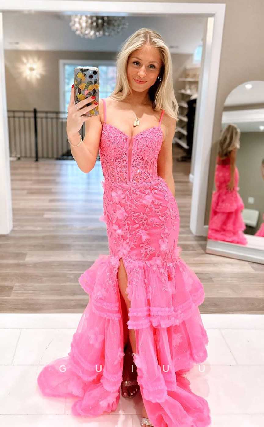 G4462 - Sexy & Cute Mermaid Column Strapless Sleeveless Eyelets Tulle Tiered Floor-Length Prom Party Dress with Slit