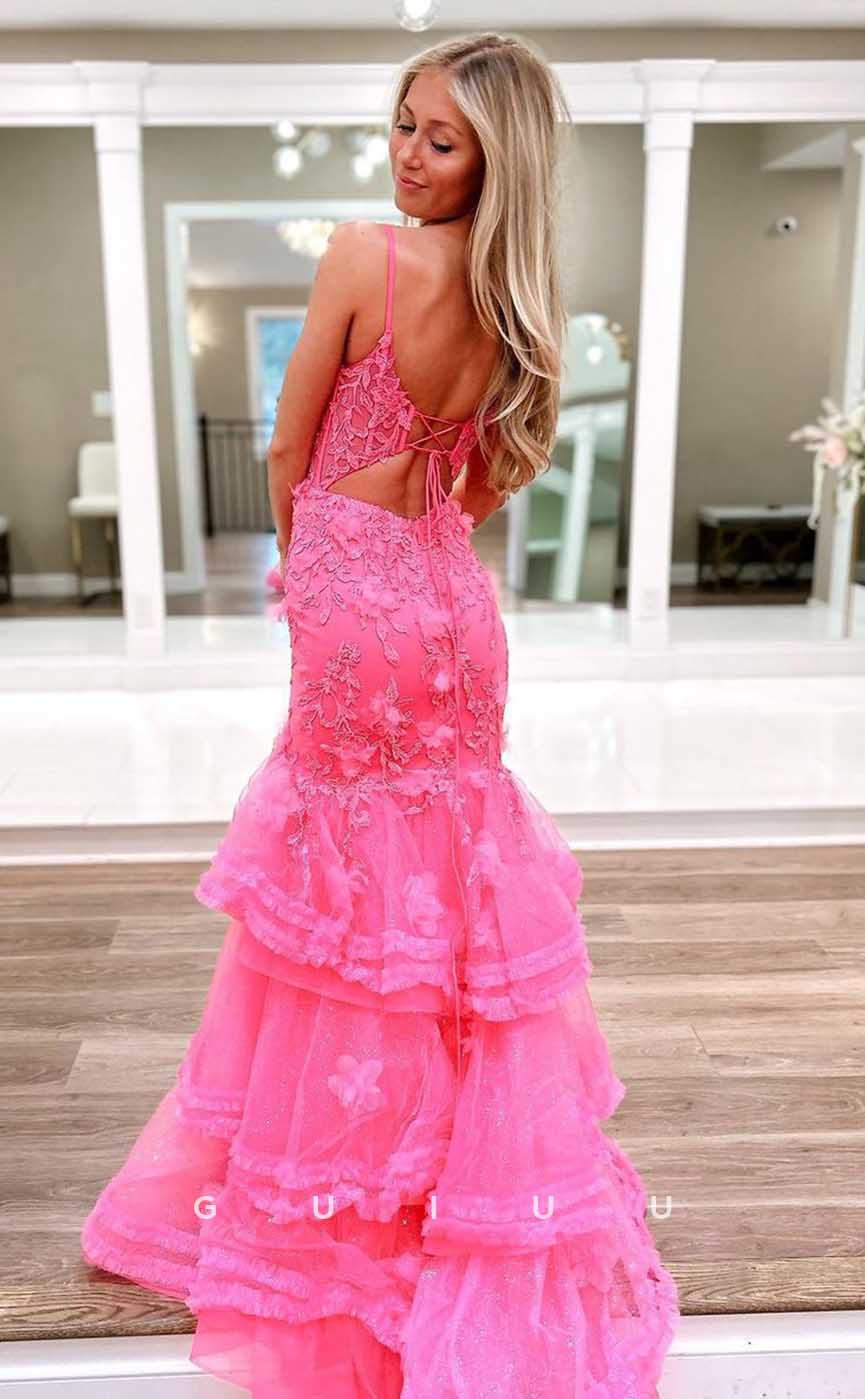 G4462 - Sexy & Cute Mermaid Column Strapless Sleeveless Eyelets Tulle Tiered Floor-Length Prom Party Dress with Slit