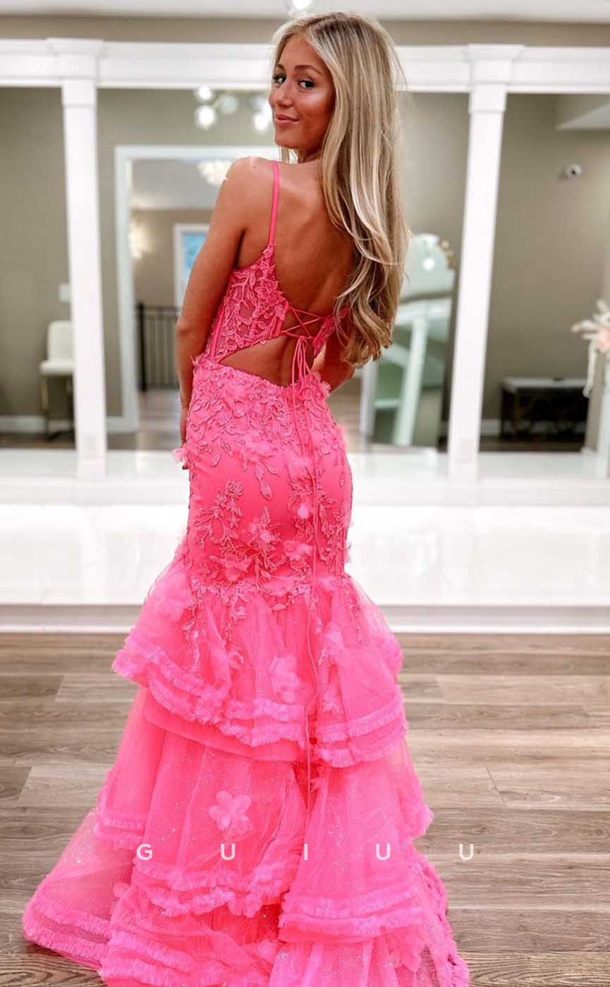 G4462 - Sexy & Cute Mermaid Column Strapless Sleeveless Eyelets Tulle Tiered Floor-Length Prom Party Dress with Slit