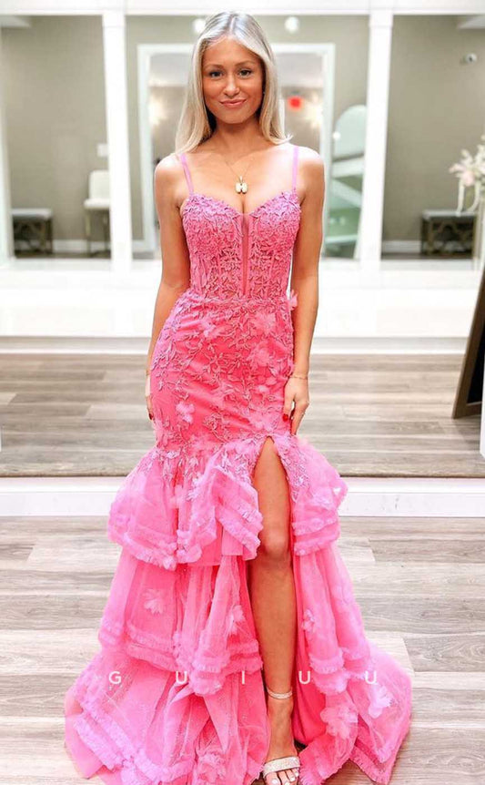 G4462 - Sexy & Cute Mermaid Column Strapless Sleeveless Eyelets Tulle Tiered Floor-Length Prom Party Dress with Slit