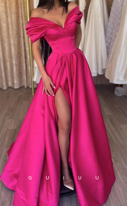 G4633 -  Sexy & Hot A-Line Off-Shoulder Pleats Stain Long Prom Party Gown with High Side Slit