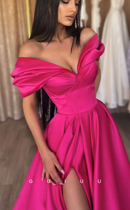 G4633 -  Sexy & Hot A-Line Off-Shoulder Pleats Stain Long Prom Party Gown with High Side Slit