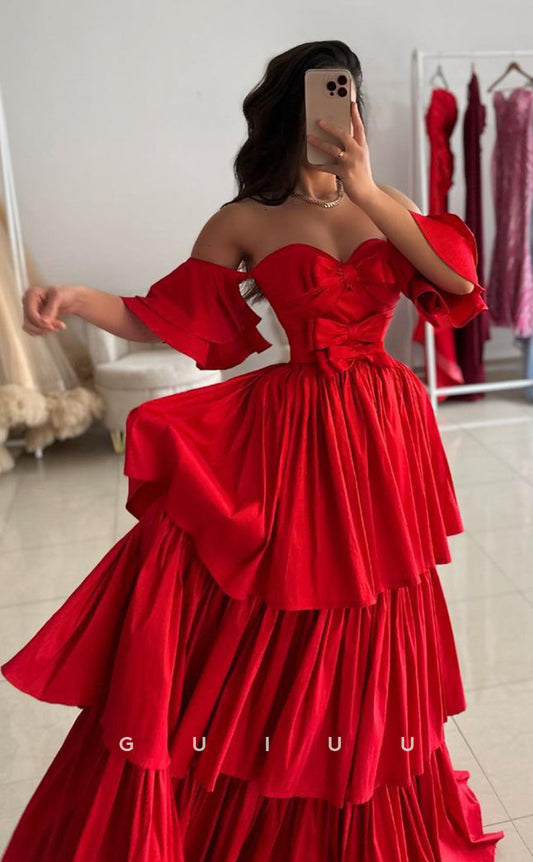 G3840 -  Sexy & Hot A-Line Off Shoulder Red Tiered Long Prom Party Dress