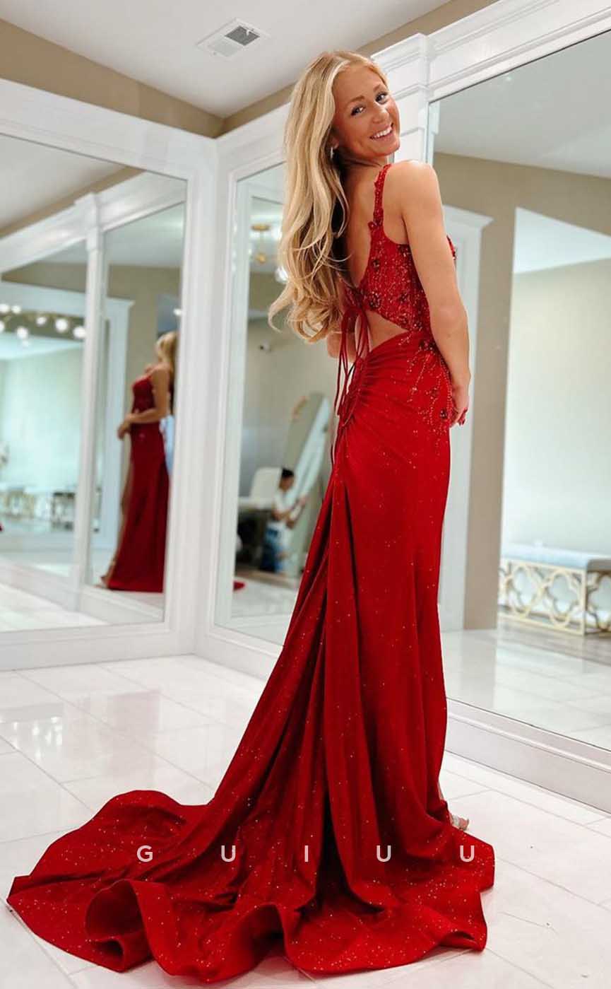 G4468 - Sexy & Hot Column Round Straps Beaded Lace-Up High Split Long Prom Evening Gown