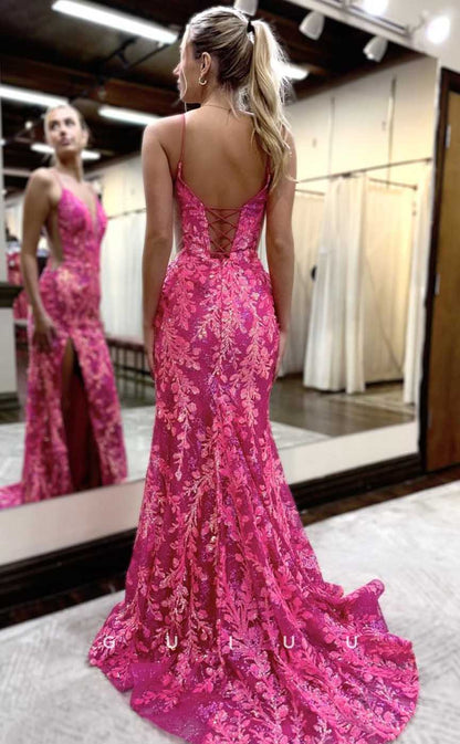 G4557 - Sexy & Hot Deep V Neck Straps Appliques Sequined Lace-Up Prom Party Dress with Slit and Train