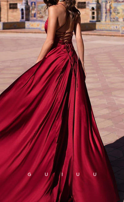 G3941 - Sexy & Hot Deep V Neck Straps Sleeveless Two SIde Slit Long Prom Party Gown with Train