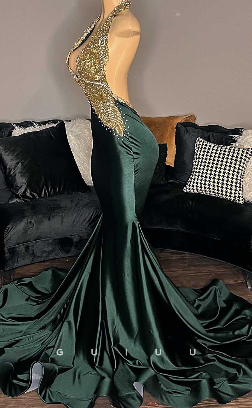 G4575 - Sexy & Hot Mermaid Deep V Neck Halter Sleeveless Beaded Open Back Prom Evening Gown with Court Train