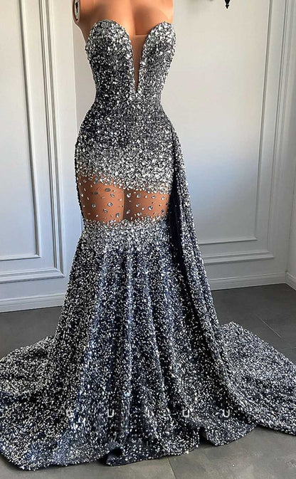 G4594 - Sexy & Hot Mermaid Deep V Neck Sleeveless Strapless Fully Sequined Prom Party Dress with Court Train