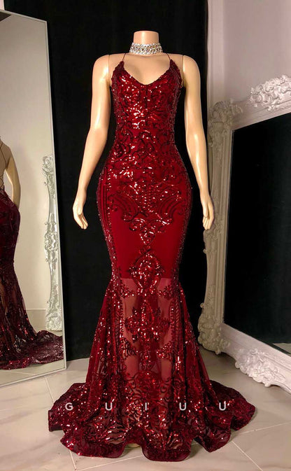 G4561 - Sexy & Hot Mermaid Halter V Neck Fully Sequined Party Prom Dress with Train for Black Girl Slay