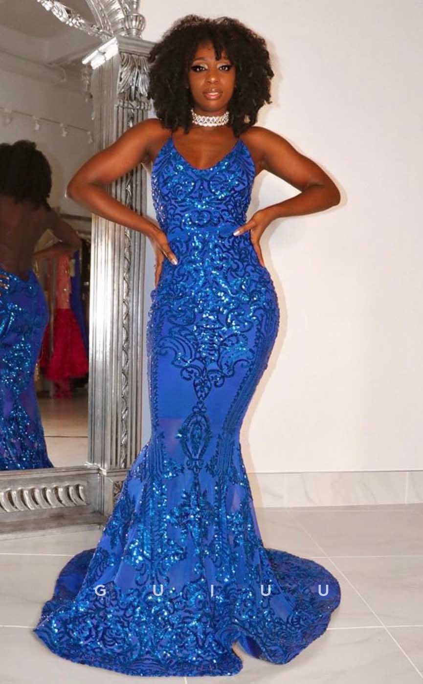 G4561 - Sexy & Hot Mermaid Halter V Neck Fully Sequined Party Prom Dress with Train for Black Girl Slay