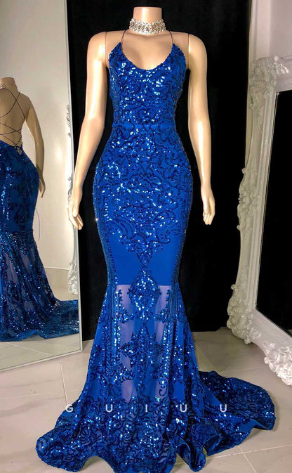 G4561 - Sexy & Hot Mermaid Halter V Neck Fully Sequined Party Prom Dress with Train for Black Girl Slay