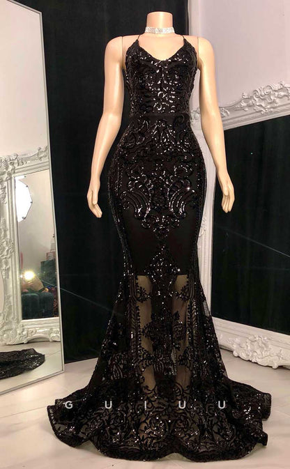 G4561 - Sexy & Hot Mermaid Halter V Neck Fully Sequined Party Prom Dress with Train for Black Girl Slay