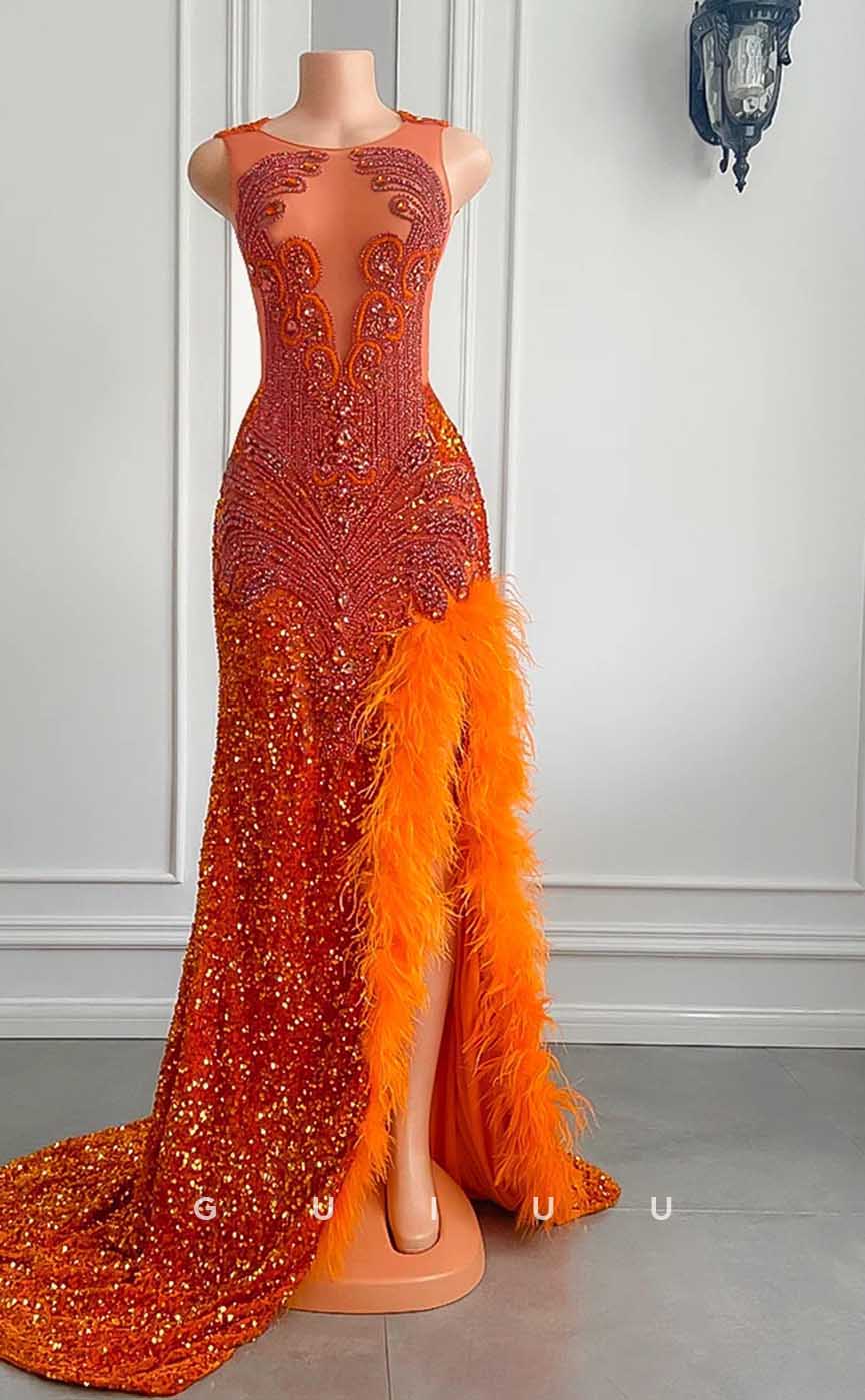 G4581 - Sexy & Hot Mermaid V Neck Sleeveless Orange Fully Sequined Feather Slit and Court Train Prom Party Dress for Black Girl Slay