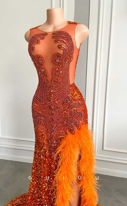 G4581 - Sexy & Hot Mermaid V Neck Sleeveless Orange Fully Sequined Feather Slit and Court Train Prom Party Dress for Black Girl Slay