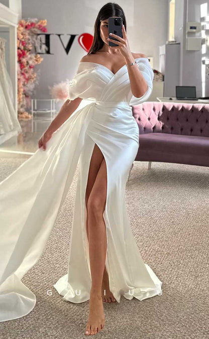 GW816 - Sexy & Hot Off-Shoulder Ruched Stain  Wedding Dress with High Side Slit and Court Train