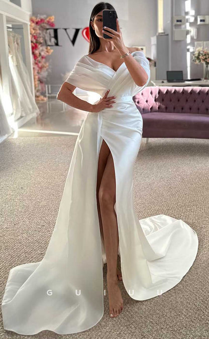 GW816 - Sexy & Hot Off-Shoulder Ruched Stain  Wedding Dress with High Side Slit and Court Train