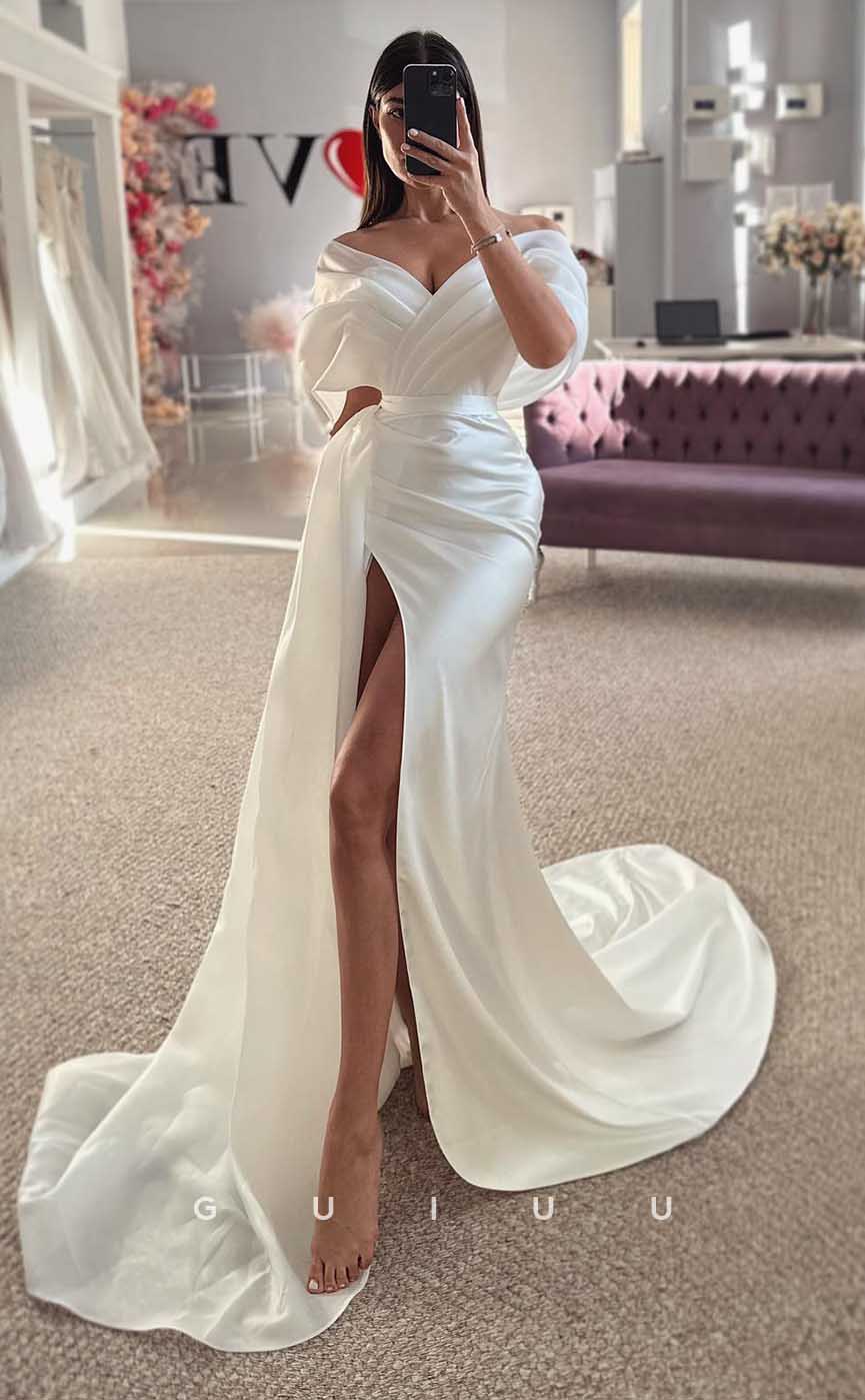 GW816 - Sexy & Hot Off-Shoulder Ruched Stain  Wedding Dress with High Side Slit and Court Train