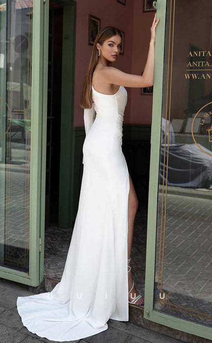 GW832 - Sexy & Hot One Shoulder Ruched High Side Slit Beach Wedding Dress with Train