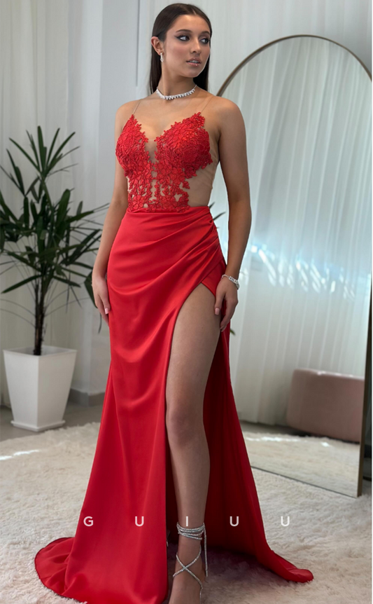 G3957 - Sexy & Hot Sheath V Neck Illsion Appliquined Pleated High Side Slit Prom Party Dress