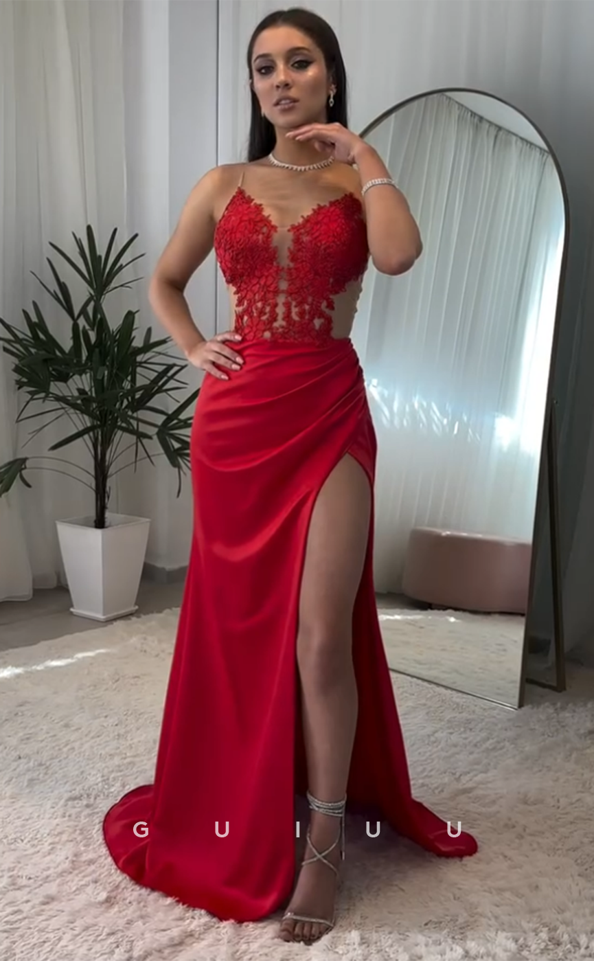 G3957 - Sexy & Hot Sheath V Neck Illsion Appliquined Pleated High Side Slit Prom Party Dress