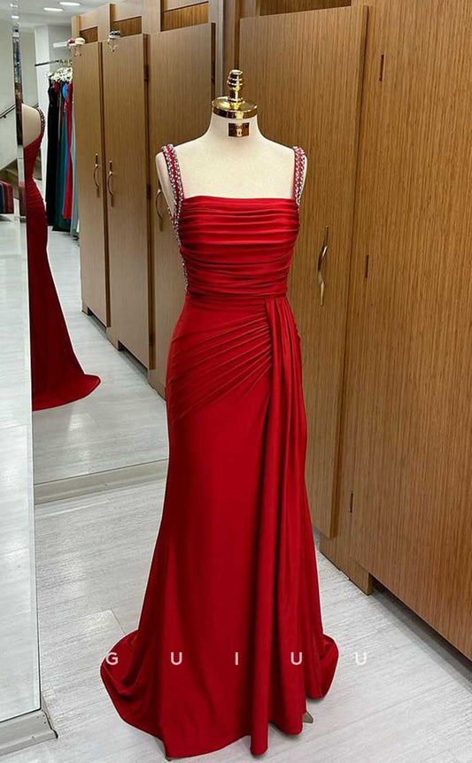 G4499 - Sexy & Hot Square Straps Sleeveless Red Stain Runched Long Prom Evening Gown