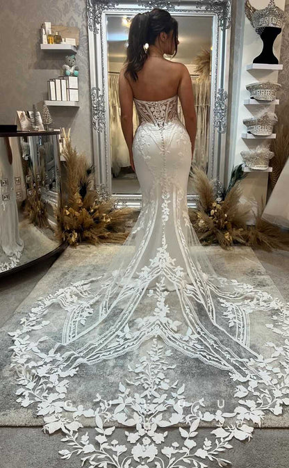 GW857 - Sexy & Hot Strapless Sleeveless Appliques Buttons Mermaid Boho Wedding Dress with Slit