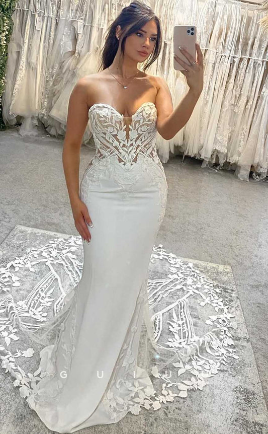GW857 -  Deep V Neck Straps Appliques Backless Mermaid Boho Wedding Dress with Slit