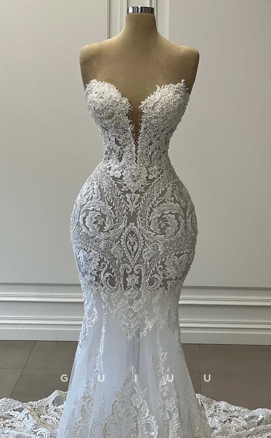 GW847 - Sexy & Hot Strapless Sleeveless Appliques Lace Beach Wedding Dresss with Court Train